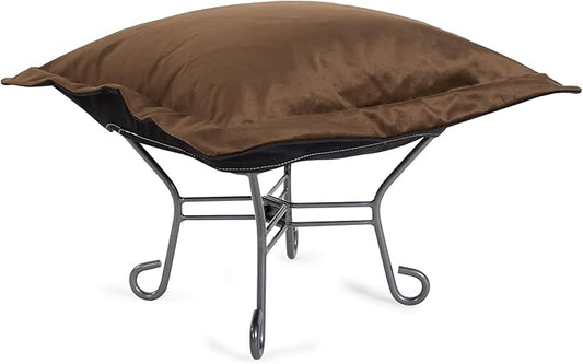 Howard Elliott Scroll Puff Ottoman Chair With Cover, Multipurpose Alternate Seating Footstool Footrest Chair with Titanium Frame, Patio Furniture for Camping, Home, Indoor & Outdoor, Bella Chocolate