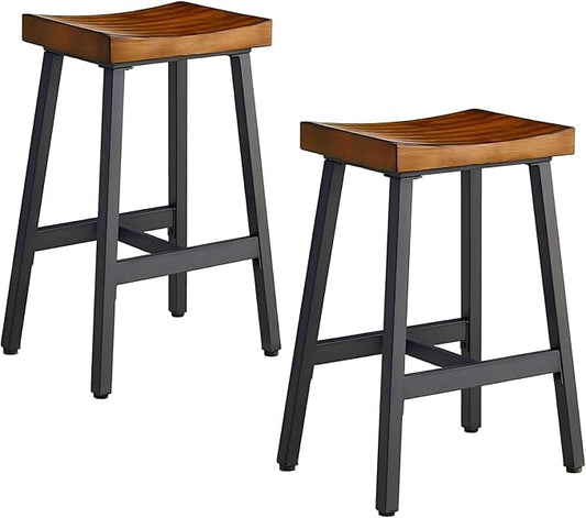 OUllUO Bar Stools Set of 2, Backless Saddle Barstools, 25" Counter Height Bar Stools, Solid Wood Counter Stools with Metal Frame, 521P-BBWD