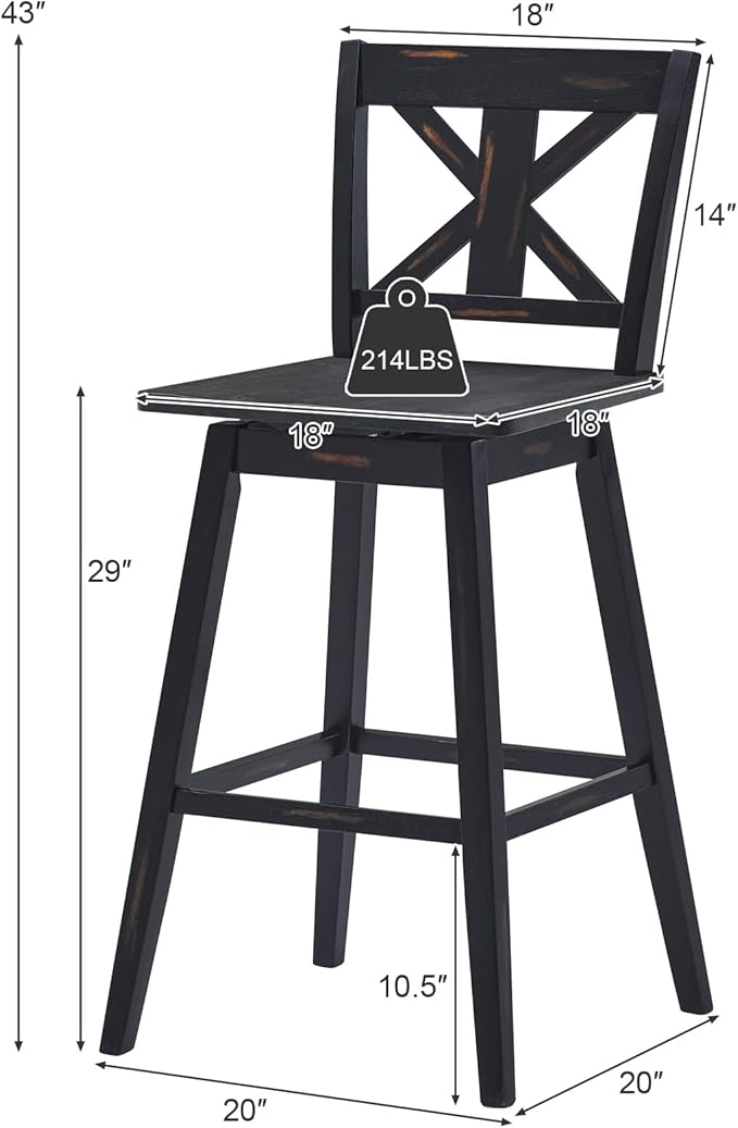 COSTWAY Bar Stools Set of 2, 360 Degree Swivel, 29-inch Height Chairs w/Non-Slip Foot Pads, Rubber Wood Bar Chairs, Vintage Bar Stools for Home, Restaurant (Black)