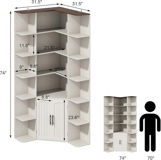 74" Tall Corner Bookshelf with 2 Arched Doors, 6-Tire L Shaped Bookcase with 16 Open Storage Shelves, Rustic Large Corner Shelf with Cabinet for Living Room, Home Office