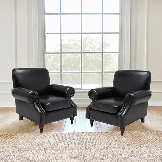 Accent Chair,22.4" Seat Depth Armchair with Roll Arms,36.6W*34.3D*34.6H Living Room Chair,Wood Legs,Set of 2,Faux Leather in Black