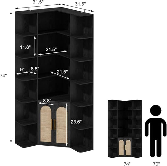 74" Tall Corner Bookshelf with 2 Arched Rattan Doors, 6-Tire L Shaped Bookcase with 16 Open Storage Shelves, Boho Large Corner Shelf with Cabinet for Living Room, Home Office