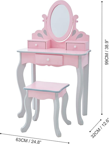 Teamson Kids Princess Rapunzel Wooden 2-pc. Play Vanity Set with Three Storage Drawers, Rotating Oval Mirror and Matching Stool to Play Dress-Up, Princess or Beauty Salon, Pink and Gray