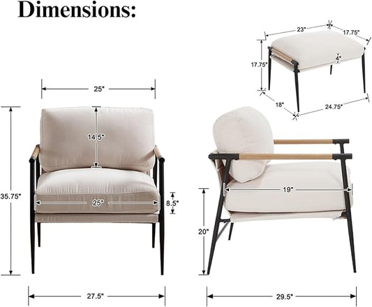 DUOMAY Mid Century Modern Accent Chair with Ottoman Set, Chenille Beige Upholstered Living Room Chair with Metal Legs Lazy Lounge Chair Set with Footrest for Bedroom Living Room