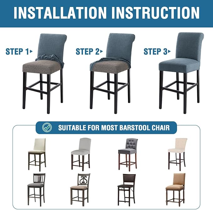 H.VERSAILTEX 100% Waterproof Barstool Covers Slipcovers Washable Counter Stool Pub Chair Slipcover for Dining Room Removable Jacquard Crizzle Pattern Height Stool Seat Covers Set of 4, Stone Blue