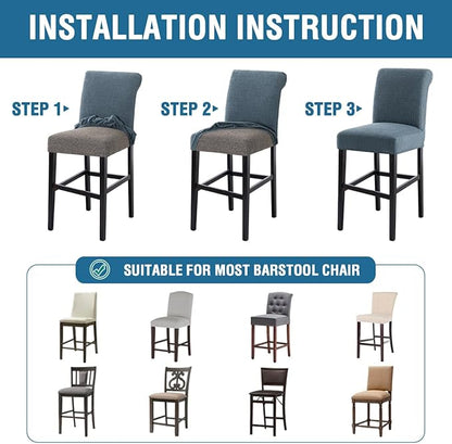 H.VERSAILTEX 100% Waterproof Barstool Covers Slipcovers Washable Counter Stool Pub Chair Slipcover for Dining Room Removable Jacquard Crizzle Pattern Height Stool Seat Covers Set of 4, Stone Blue