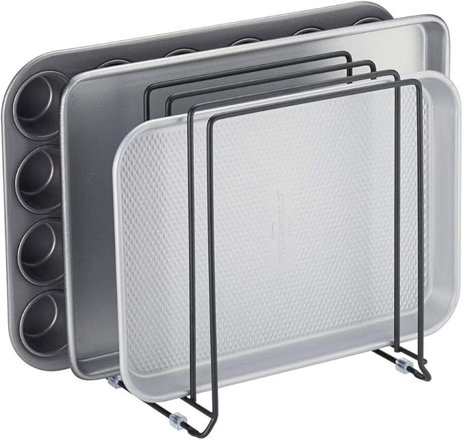mDesign Pot Lid and Pan Rack — Metal Wire Rack for Cabinets, Pantries or Kitchen Surfaces — Freestanding Pan Stand with 5 Slots for Pans, Pots, Lids and Crockery — Black