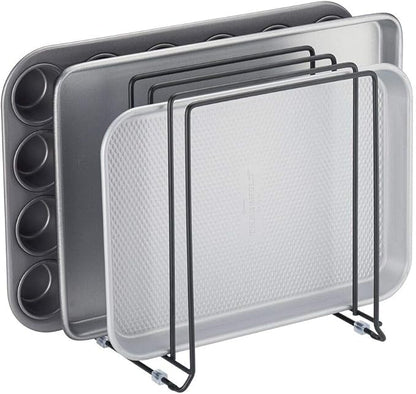mDesign Pot Lid and Pan Rack — Metal Wire Rack for Cabinets, Pantries or Kitchen Surfaces — Freestanding Pan Stand with 5 Slots for Pans, Pots, Lids and Crockery — Black
