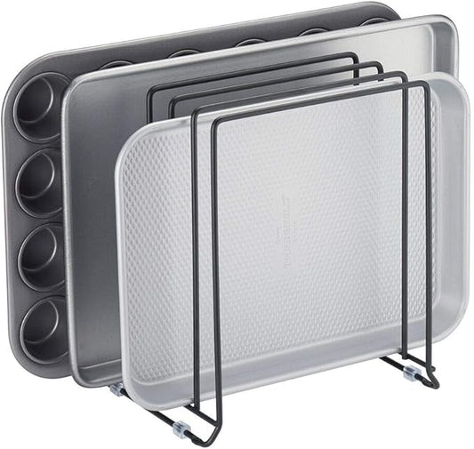 mDesign Pot Lid and Pan Rack — Metal Wire Rack for Cabinets, Pantries or Kitchen Surfaces — Freestanding Pan Stand with 5 Slots for Pans, Pots, Lids and Crockery — Black