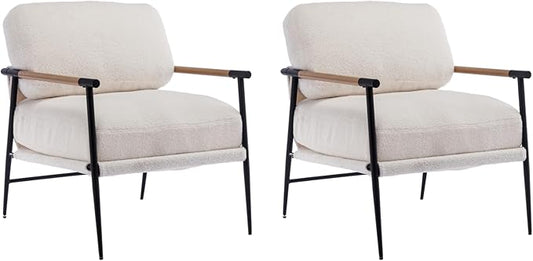 HEAH-YO Modern Accent Chairs Set of 2, Upholstered Lambwool Living Room Chairs with Backrests, Comfy Reading Armchairs for Bedroom, White