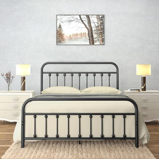 Golden Gate Beds Vintage Style Metal Bed Frame with Wrought Iron Headboard and Footboard, Classic Platform Bedframe with Storage, No Box Spring Needed, Mattress Foundation, Black, Queen Size