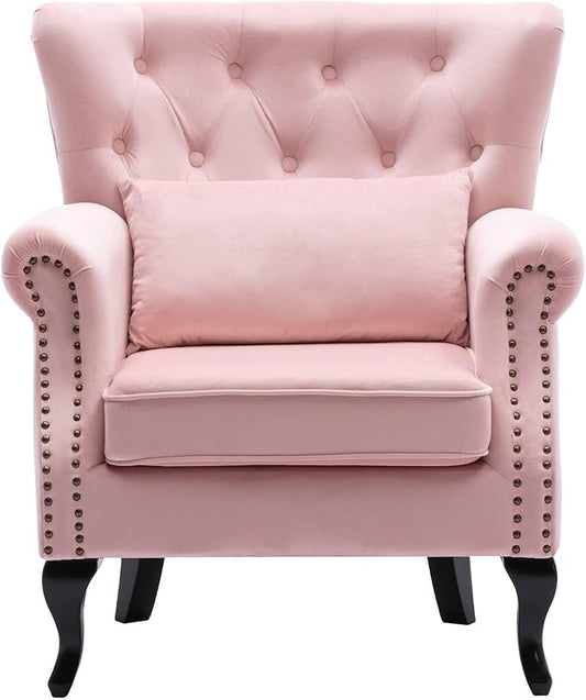 chairus Mid-Century Modern Accent Chair Comfy Tufted Single Sofa Chair Wingback Armchair with Pillow for Club, Living Room, Bedroom - Velvet, Pink