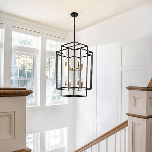 WJShome High Ceiling Foyer Chandelier: 8-Light Farmhouse Lantern Chandeliers for Entryway Industrial Large Pendant Light Fixtures for Entry Staircase Hallway Dining Room Kitchen Island, Black & Gold
