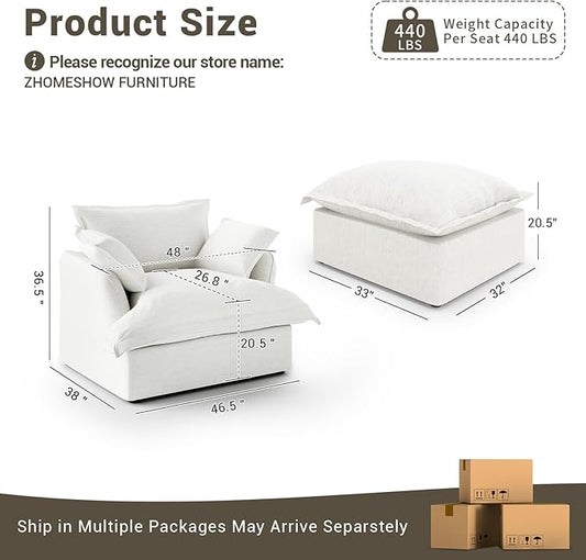 48” Oversized Chaise Lounge Chair, Modular Sectional Sofa, Down Fill Cloud Couch with Washable Cover, Single Seater with Ottoman, Sectional Couches for Living Room Apartments, Cream White