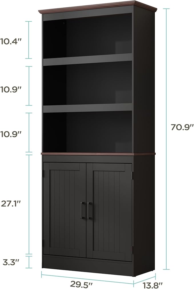 MHOM 71" Tall Bookshelf with Doors, 5 Tiers Farmhouse Bookcase with Adjustable Shelves, Wooden Rustic Display Cabinet for Home Office, Living Room, Black