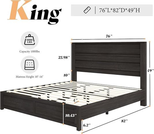 AMERLIFE Farmhouse King Size Bed Frame with 49" Fluted Headboard, Wood Platform Bed with Natural Grain, No Box Spring Needed/Noise Free, Black