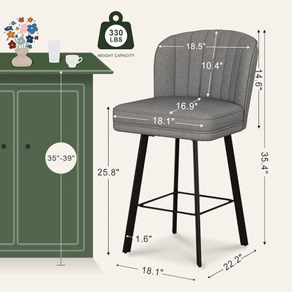 Swivel Counter Height Bar Stools Set of 3, 26'' Modern Barstools with Backs and Metal Legs, Upholstered Bar Chairs,Mid-Gray,Fabric Stools for Kitchen Island Chairs