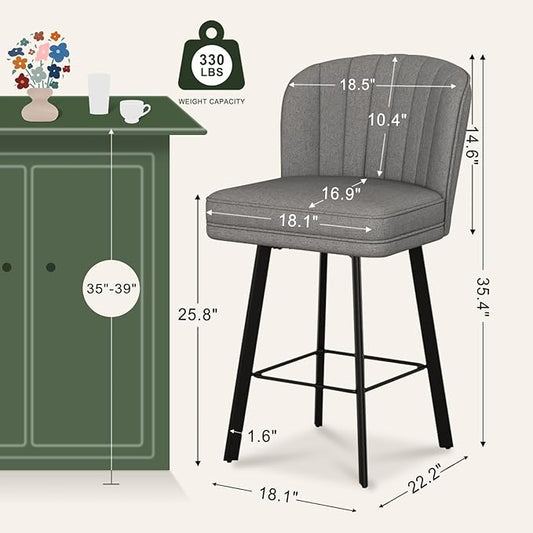 Swivel Counter Height Bar Stools Set of 3, 26'' Modern Barstools with Backs and Metal Legs, Upholstered Bar Chairs,Mid-Gray,Fabric Stools for Kitchen Island Chairs