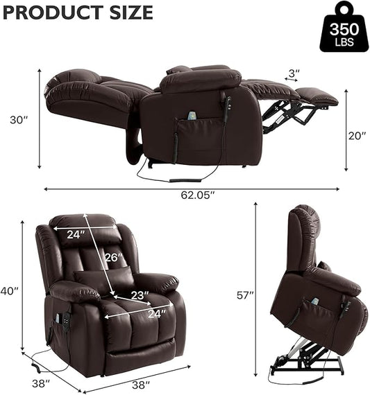 EDILLY Extra Large Power Lift Recliner Chairs for Elderly,Infinite Position Dual Motor Recliners Chair,with Heating and Massage, Breathable Leather,USB Ports Control(Brown)