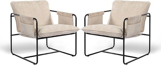 Modern Accent Chair Set of 2 Comfortable Living Room Chairs with Armrests, Bedroom Reading Chair, Chenille Upholstered Lounge Metal Chair