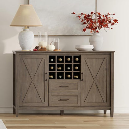 SIMPLIHOME Ela Solid Wood and Pine 54 inch x 18 inch Rectangle Transitional Sideboard with Wine Storage in Smoky Brown for The Dining Room and Kitchen