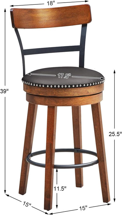 COSTWAY Bar Stools Set of 2, 360-Degree Swivel Stools with Leather Padded Seat, Single Slat Ladder Back & Solid Rubber Wood Legs, Counter Height Stools for Pub, Restaurant, Kitchen, Brown (2, 25.5)