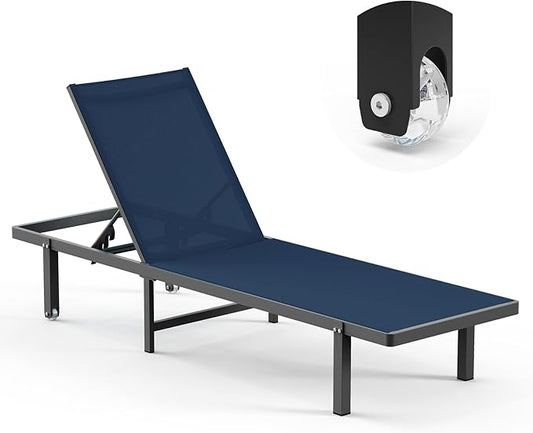 Pool Lounge Chairs, Chaise Lounge Outdoor with Wheels and 5-Position Recliner -Easy to Move- Aluminum Patio Lounge Chair for Poolside, Deck (Navyblue)