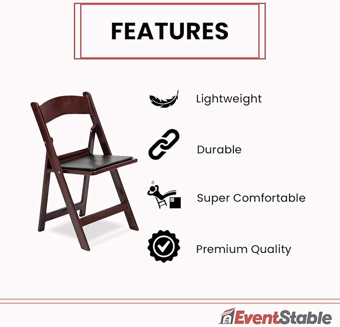 EventStable Titan PRO Resin Folding Chair - Mahogany Indoor/Outdoor Lightweight Folding Chair with Vinyl Padded for Weddings Parties Events - 50 Pack