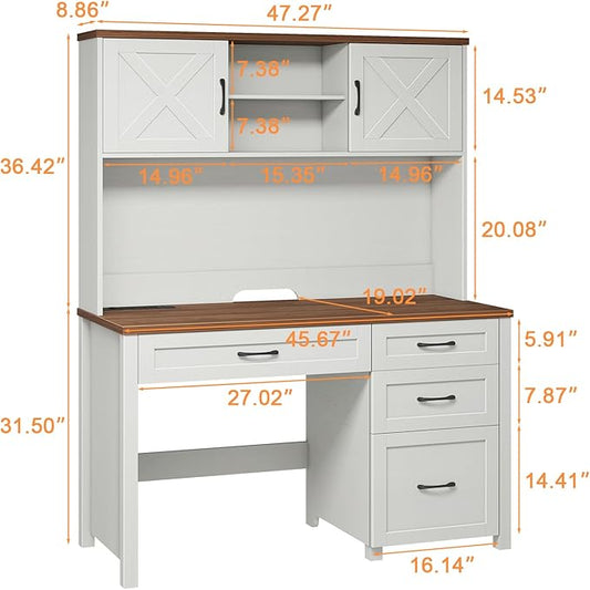 Farmhouse 67" H Executive Desk with Hutch,Computer Desk with 4 Drawers and LED light, Office table with Storage Cabinet & File Drawers and Charging Station, Wood Workstation for Home Office and Study