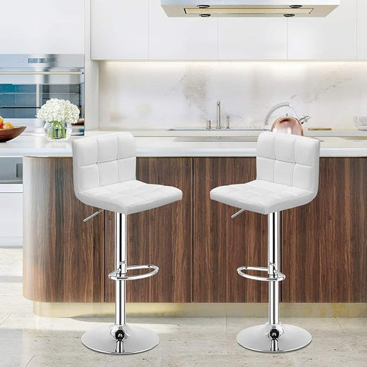 COSTWAY Bar Stools Set of 2, Modern Swivel Adjustable Height PU Leather Barstools with Back, Square Armless Counter Height 2-Pack Bar Chair for Kitchen Island Dining Living Bistro Pub Counter, White