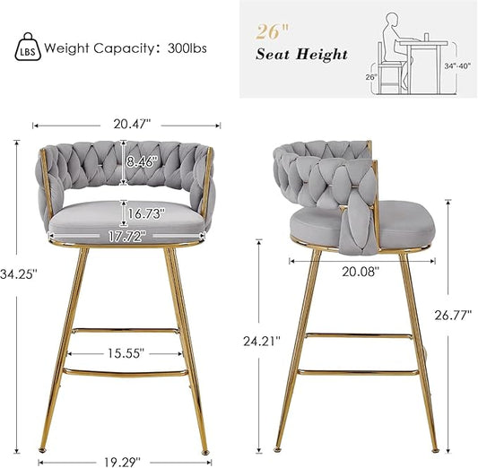 VECELO Bar Stools Set of 4, Counter Height Bar Stools, 26 inch Seat Barstools with Woven Back and Footrest for Kitchen Island Counter, Grey