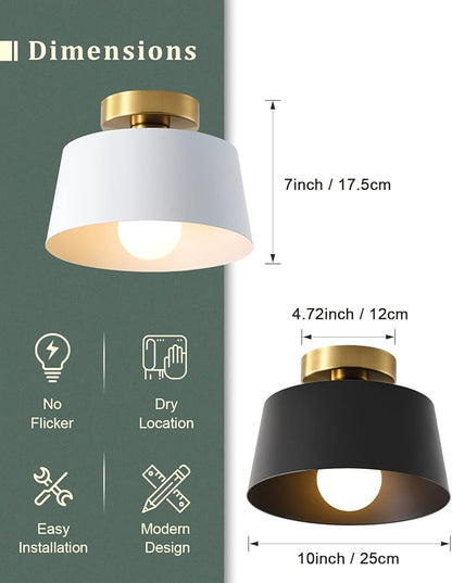 Ceiling Light Fixture, Hallway Ceiling Light with Gold Plate and White Shade, Modern Simple Style Porch Light Fixtures Semi Flush Mount (2 Pack White)