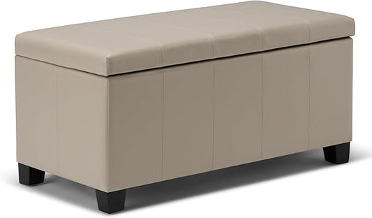 SIMPLIHOME Dover 36 inch Wide Contemporary Rectangle Storage Ottoman Bench in Satin Cream Vegan Faux Leather, Assembled, For the Living Room, Entryway and Family Room