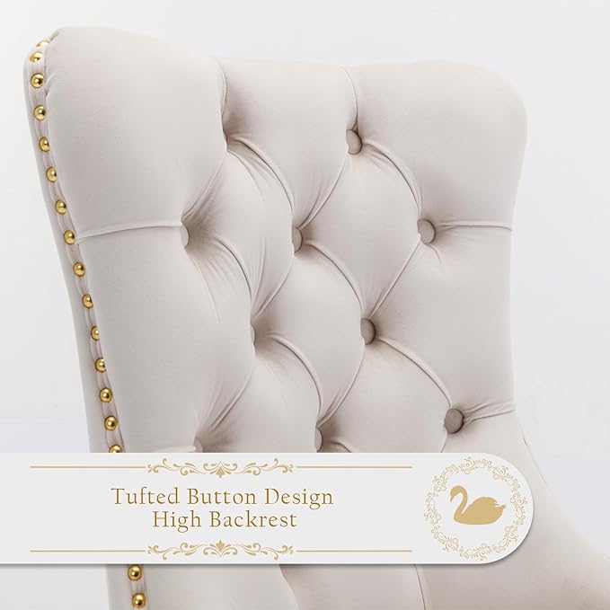 Velvet Upholstered Dining Chairs Set of 2, Modern Style Kitchen Side Chairs with Nailhead Trim and Gold Plated Leg, Metal Pulling Ring for Dining Room Living Room(Beige-Gold Plated Leg)