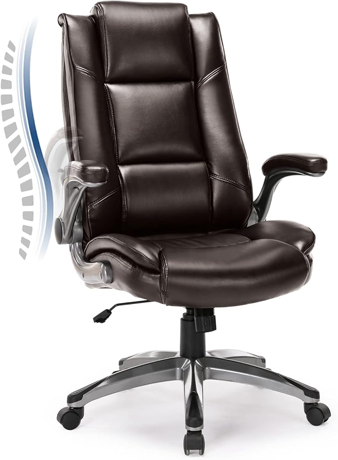 COLAMY Leather Executive Office Chair - High Back Home Computer Desk Chair with Padded Flip-up Arms, Adjustable Tilt Lock, Swivel Rolling Ergonomic Chair for Adult Working Study, Brown