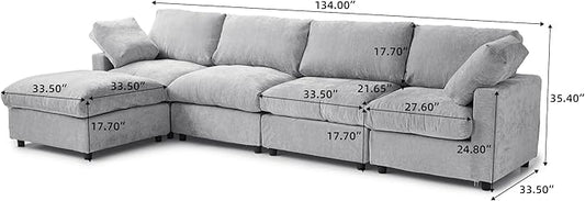 WJShome L Shaped Sectional Couch 134 Inch 4-Seater Modern Modular Sofa with Ottoman,Chenille Deep Seat Couches for Living Room, Bedroom and Apartment，Gray