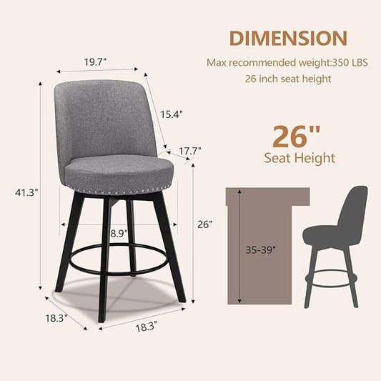 MINCETA Bar Stool, 26 Inch Upholstered Barstool with High Back and Footrest, Swivel Counter Height Barstool for Kitchen Island Home Bar Gray