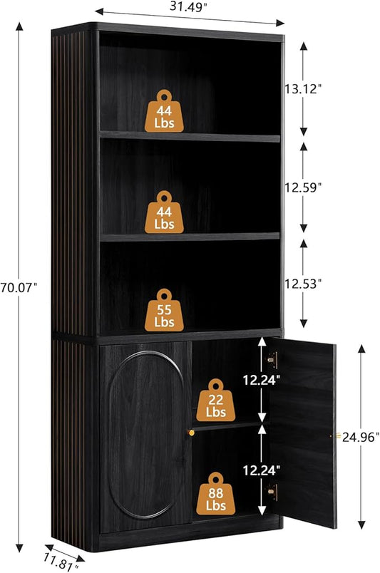 70.8" Tall Fluted Bookshelf with Storage Cabinet Set of 2, Modern 5-Tier Wood Bookcase with Open Display Storage Shelf, Gold Handles for Office Living Room (Black)