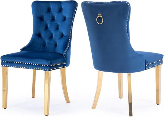 Velvet Upholstered Dining Chairs Set of 2, Modern Style Kitchen Side Chairs with Nailhead Trim and Gold Plated Leg, Metal Pulling Ring for Dining Room Living Room（Blue-Gold Plated Leg）