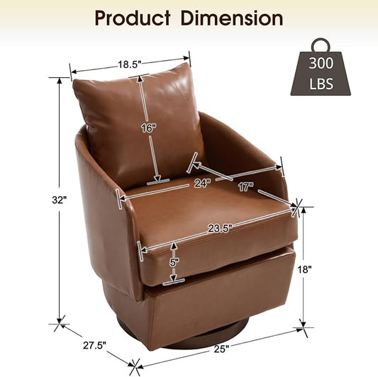 CIMOTA PU Leather Swivel Accent Chairs Set of 2, Modern Barrel Armchairs with 360° Swivel Base and Pillow, Upholstered Club Chairs for Living Room/Reading/Office, Brown