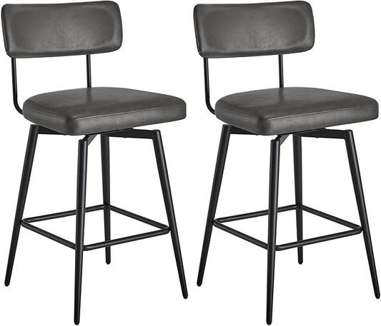 Watson & Whitely Swivel Counter Height Bar Stool Chairs Set of 2, 27.4" Faux Leather Upholstered Counter Stools with Back and Metal Frame, Grey