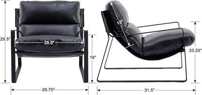Mid-Century Accent Chair Set of 2, Comfy PU Leather Side Chair with Armrest, Upholstered Leisure Chair with Black Metal Frame for Living Room Bedroom Reception Room, Black