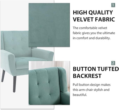Dolonm Midcentury Modern Velvet Accent Chair with Arms, Upholstered Reading Side Chair Tufted Back Decorative Wingback Chair for Living Room Bedroom (Mint Green)