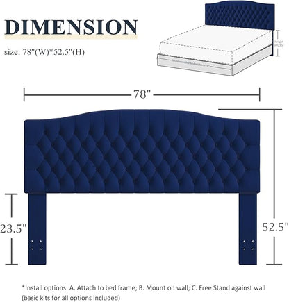 King Headboard Only, Upholstered Headboard King Size for Adjustable Bed Velvet Tufted Wall Mounted Head Board with Solid Wood Legs, Navy Blue