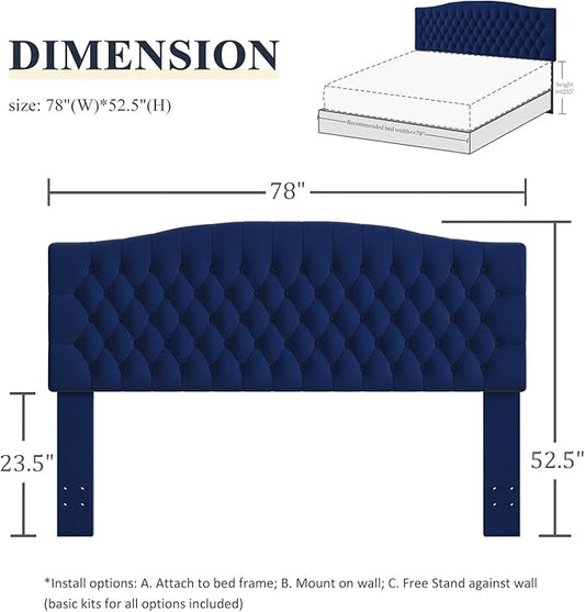 King Headboard Only, Upholstered Headboard King Size for Adjustable Bed Velvet Tufted Wall Mounted Head Board with Solid Wood Legs, Navy Blue