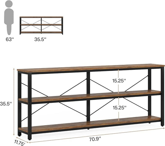 Tribesigns 70.9-Inch Extra Long Console Table, 3-Tier Industrial Sofa Table with Metal Frame, Modern Behind Couch Table with Storage Shelves for Living Room Entryway Hallway Foyer (Brown and Black)