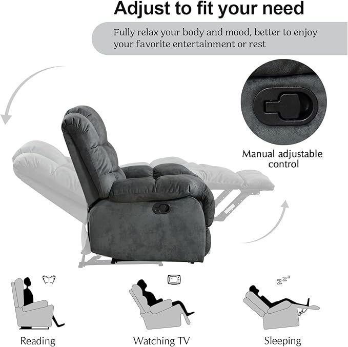CANMOV Manual Recliner Chair, Single Reclining Sofa with Overstuffed Backrest and Armrest for Living Room, Bedroom Furniture, Grey