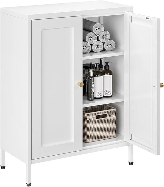 Metal Bathroom Floor Storage Cabinet,Small Storage Sideboard with 2 Doors and 2 Adjustable Shelves, 12" Small Cabinets White Freestanding Locker for Entryway,Living Room,Hallway