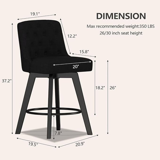 MINCETA Bar Stools Set of 4, 26 Inch Upholstered Barstools with Low Tufted Back and Footrest, Swivel Counter Height Barstools for Kitchen Island Home Bar Performance Fabric Black