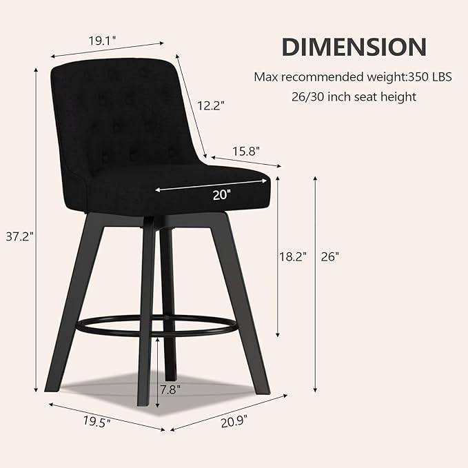 MINCETA Bar Stools Set of 2, 26 Inch Upholstered Barstools with Low Tufted Back and Footrest, Swivel Counter Height Barstools for Kitchen Island Home Bar Performance Fabric Black